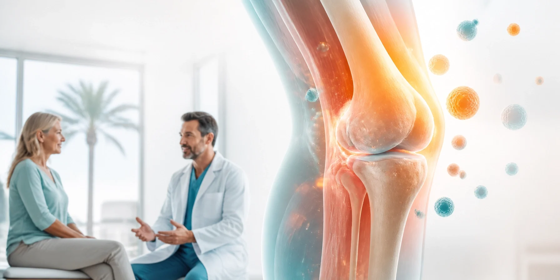 A doctor talks to a woman in an exam room with a large, semi-transparent illustration of a knee joint overlaid in the foreground discussing stem cell therapy for joint pain.