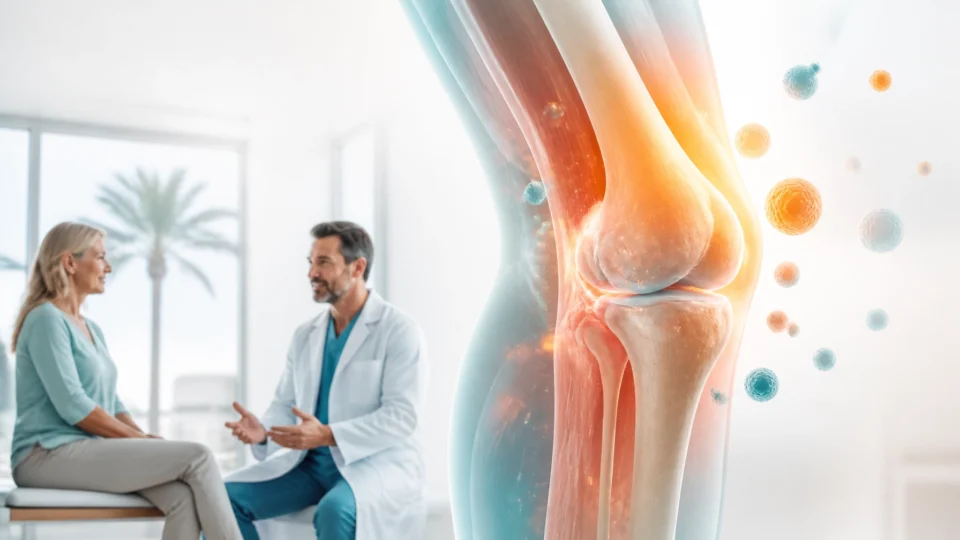 A doctor talks to a woman in an exam room with a large, semi-transparent illustration of a knee joint overlaid in the foreground discussing stem cell therapy for joint pain.