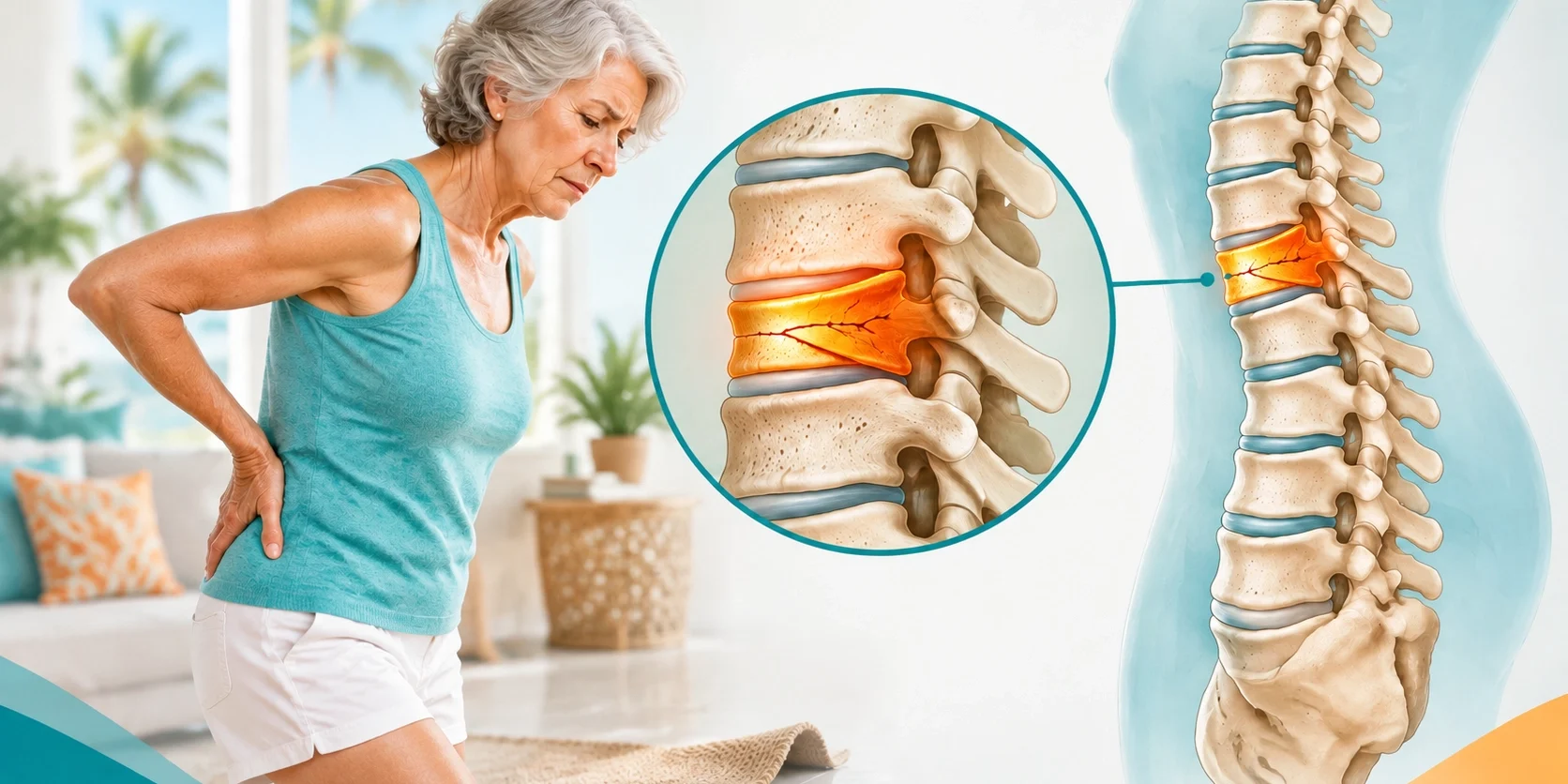 A woman holding her lower back in pain, with an anatomical illustration showing a herniated spinal disc.