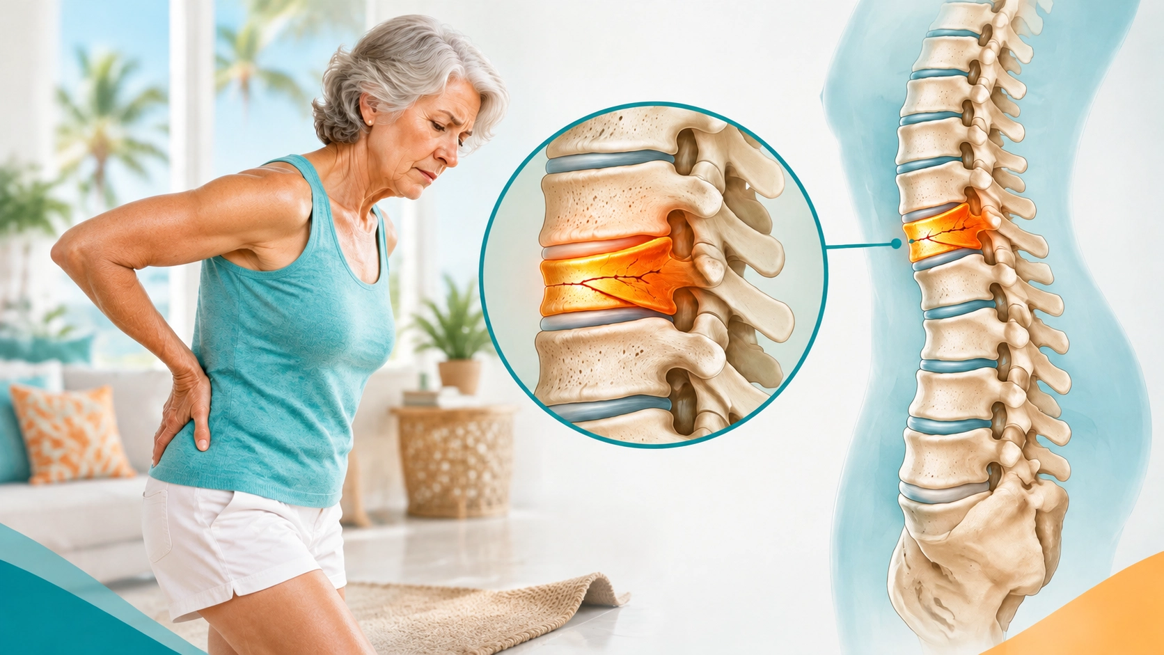 A woman holding her lower back in pain, with an anatomical illustration showing a herniated spinal disc.