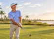 A man in a golf shirt and cap stands on a course, looking toward the horizon while holding a golf club back pain free.