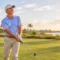 A man in a golf shirt and cap stands on a course, looking toward the horizon while holding a golf club back pain free.
