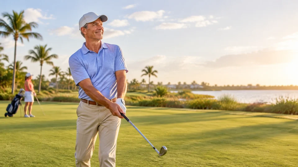 A man in a golf shirt and cap stands on a course, looking toward the horizon while holding a golf club. A man in a golf shirt and cap stands on a course, looking toward the horizon while holding a golf club back pain free.