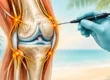 Genicular nerve radiofrequency ablation illustration showing a physician targeting the genicular nerves around the knee joint with an RFA probe to relieve knee osteoarthritis pain
