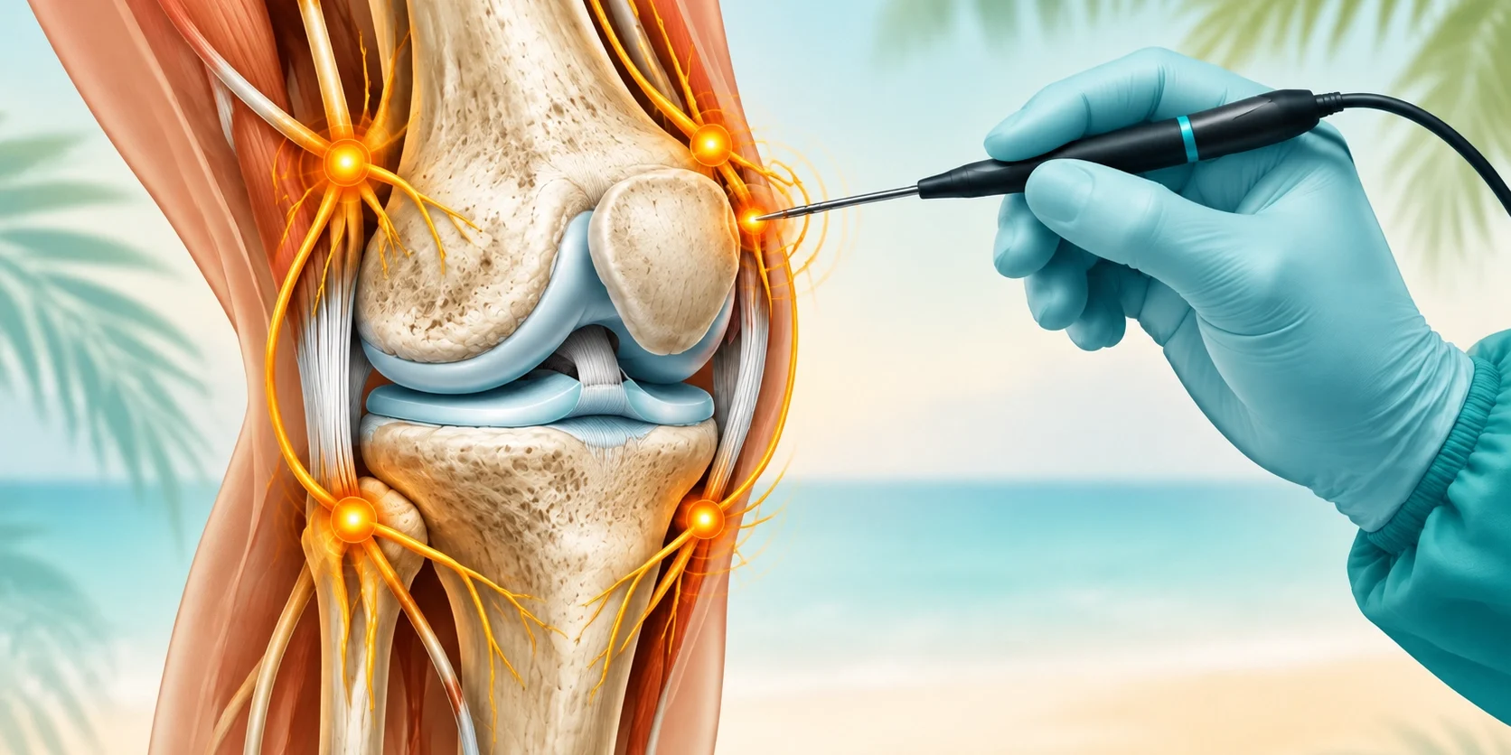 A gloved hand uses a medical device to treat specific nerve points on an anatomical illustration of a human knee. Genicular nerve radiofrequency ablation illustration showing a physician targeting the genicular nerves around the knee joint with an RFA probe to relieve knee osteoarthritis pain