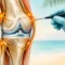 Genicular nerve radiofrequency ablation illustration showing a physician targeting the genicular nerves around the knee joint with an RFA probe to relieve knee osteoarthritis pain