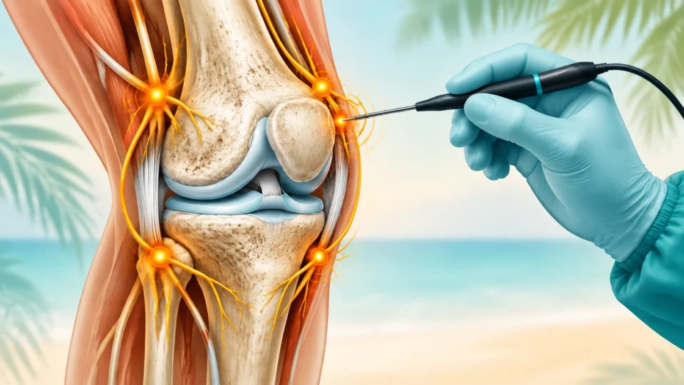 Genicular nerve radiofrequency ablation illustration showing a physician targeting the genicular nerves around the knee joint with an RFA probe to relieve knee osteoarthritis pain